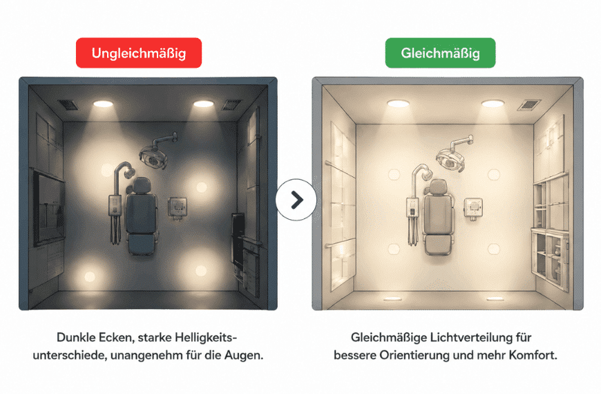 Vergleich von ungleichmäßiger und gleichmäßiger Beleuchtung im Behandlungsraum für bessere Lichtverteilung und höheren Sehkomfort