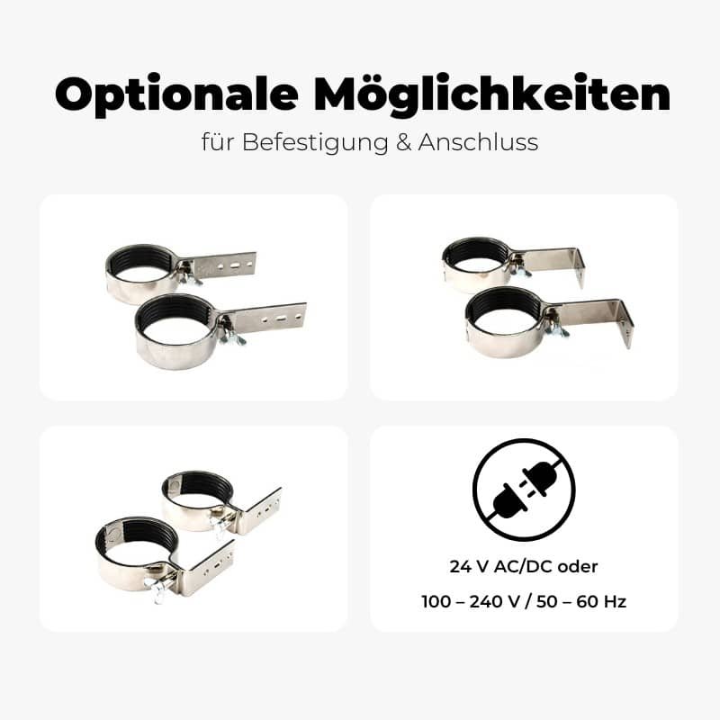 LED Schutzrohrleuchten BrightTube mit zwei Anschlussarten und drei Befestigungswinkel